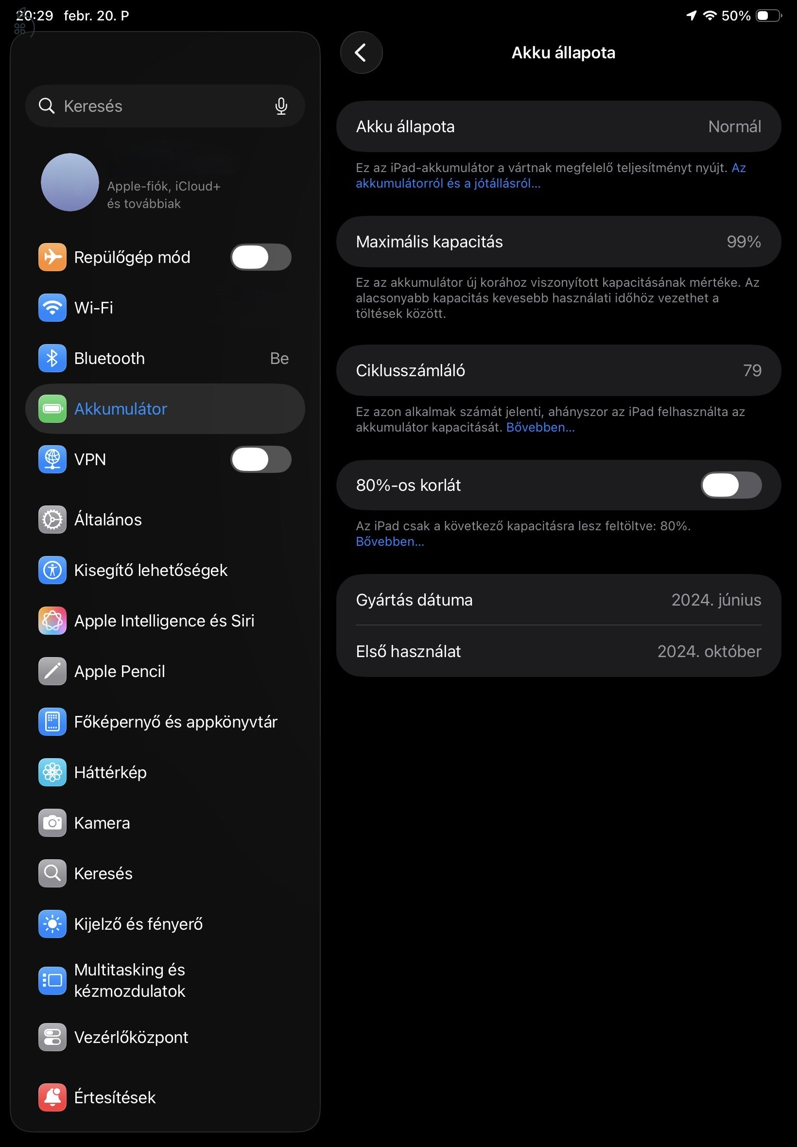 iPad Air M2 11 256GB Wi-Fi 99% akku, 76 ciklus, garanciális
