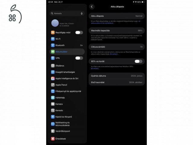 iPad Air M2 11 256GB Wi-Fi 99% akku, 76 ciklus, garanciális