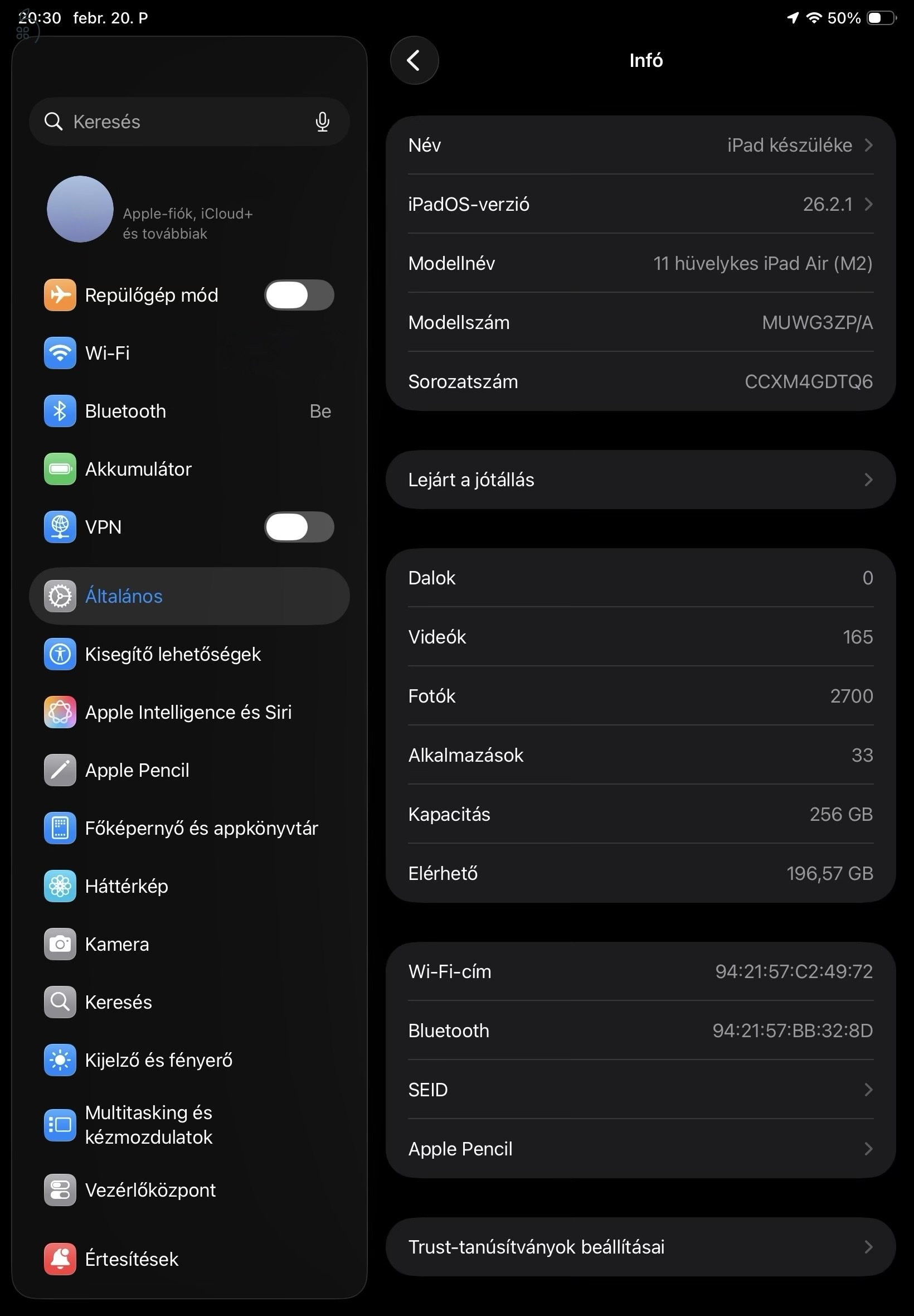 iPad Air M2 11 256GB Wi-Fi 99% akku, 76 ciklus, garanciális