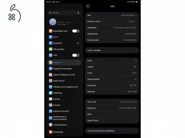 iPad Air M2 11 256GB Wi-Fi 99% akku, 76 ciklus, garanciális