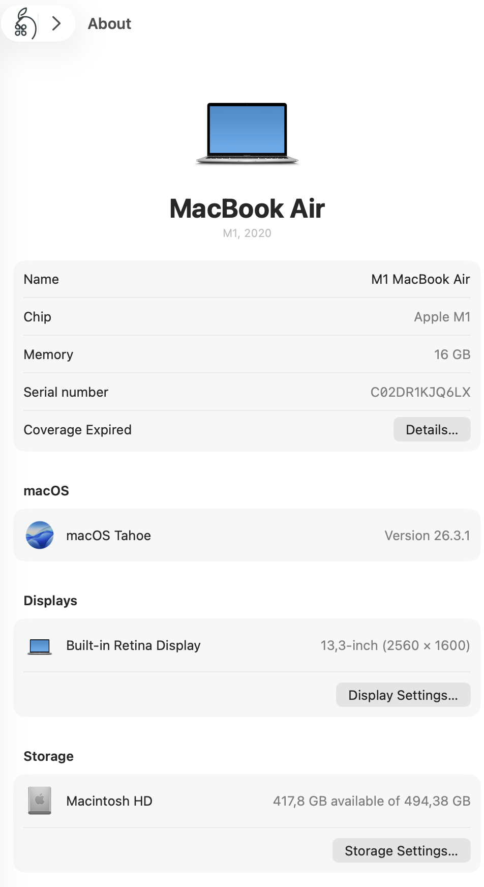  MacBook Air 13″ 2020, M1 8 Cores, 16 GB RAM, 8 core GPU, 512 GB SSD