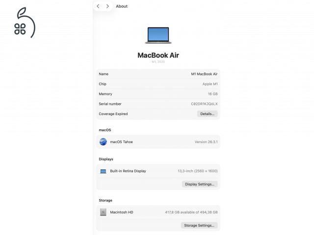  MacBook Air 13″ 2020, M1 8 Cores, 16 GB RAM, 8 core GPU, 512 GB SSD