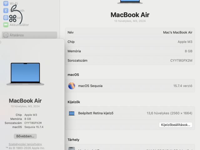 MacBook Air M3 - 2027.10.03 -ig garanciális , 100% -os aksival eladó.