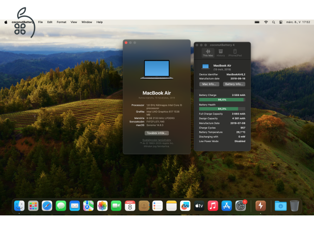 2019 Retina MacBook Air 13 / i5 1.6GHz / 8GB / 128GB SSD / Magyar / Space Gray / 84% Aksival Eladó ! ! !