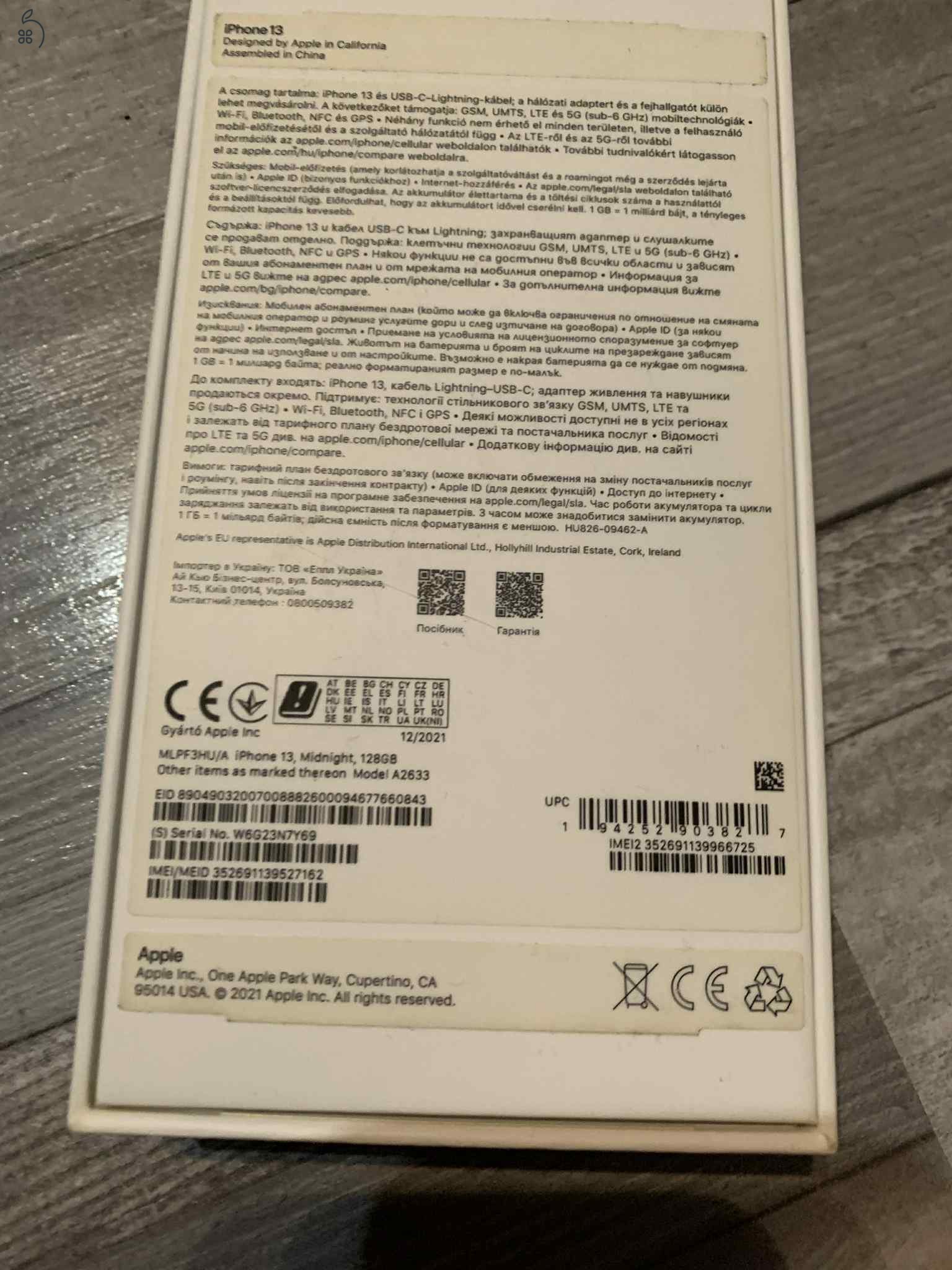 Eladó Iphone13,128Gb,független,karcmentes,éjfekete,dobozával,töltővel