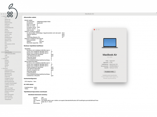 Apple MacBook Air M1 (2020) – 8GB / 256GB – 93% akku – hibátlan