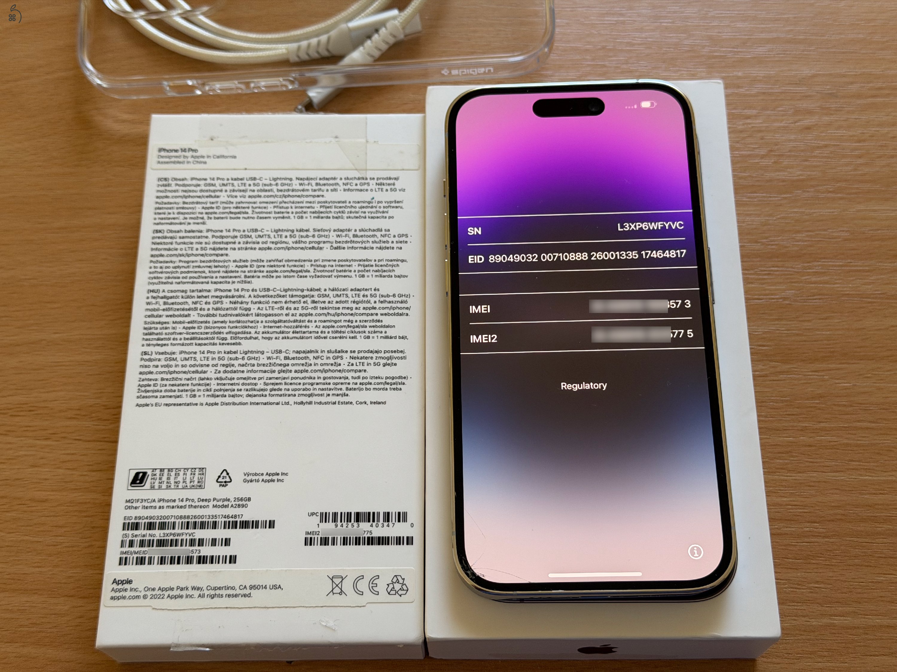 iPhone 14 Pro 256 GB ezüst, törött, hibás + bontatlan Spigen fólia, kábelek 