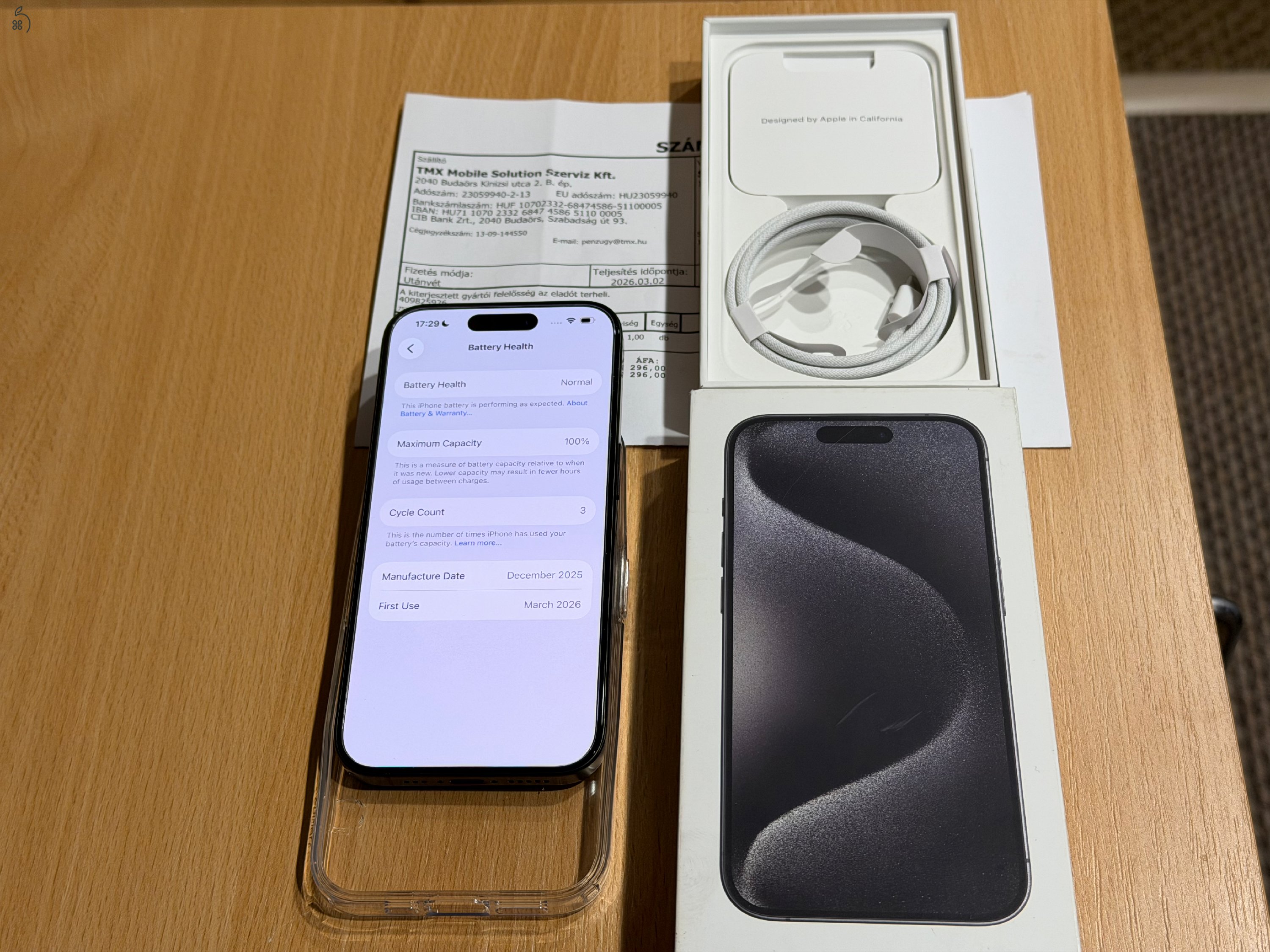 iPhone 15 Pro 128 GB Black Titanium - új, biztosításban cserélt, 3 ciklus