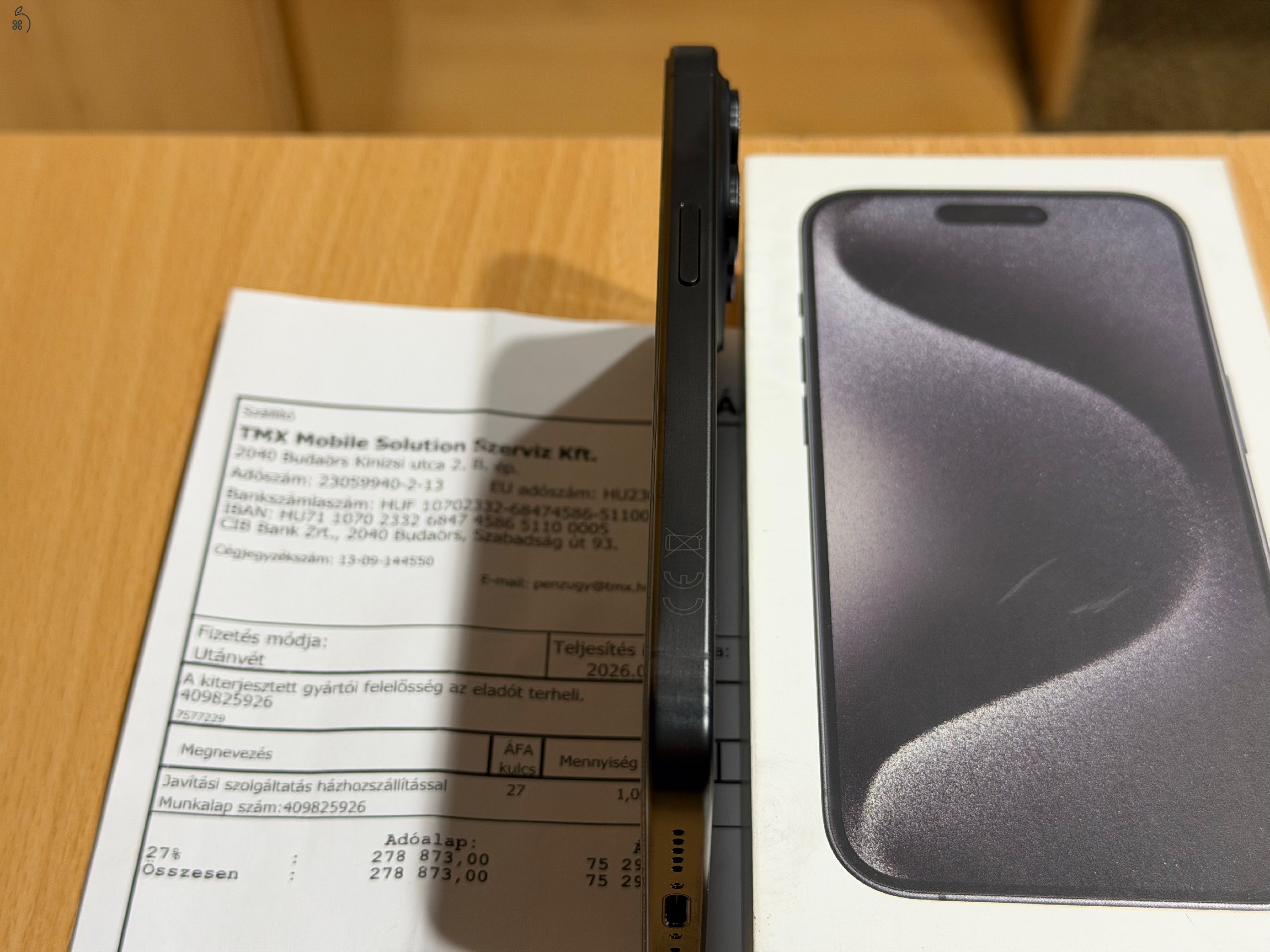 iPhone 15 Pro 128 GB Black Titanium - új, biztosításban cserélt, 3 ciklus