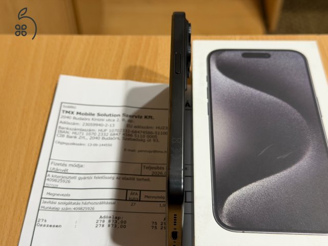 iPhone 15 Pro 128 GB Black Titanium - új, biztosításban cserélt, 3 ciklus