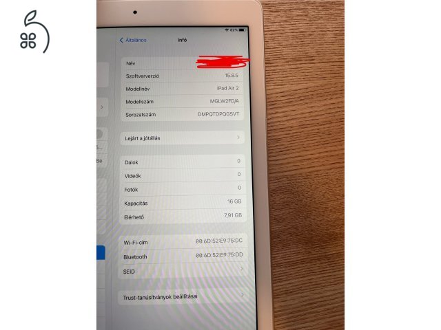 Apple iPad Air 2 16 GB, hibátlan és szép állapot, 94%-os akksi