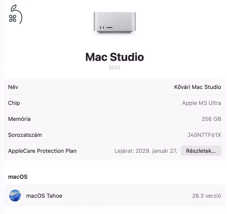 Apple M3 Ultra 256 GB RAM, 2TB SSD 80 magos GPU