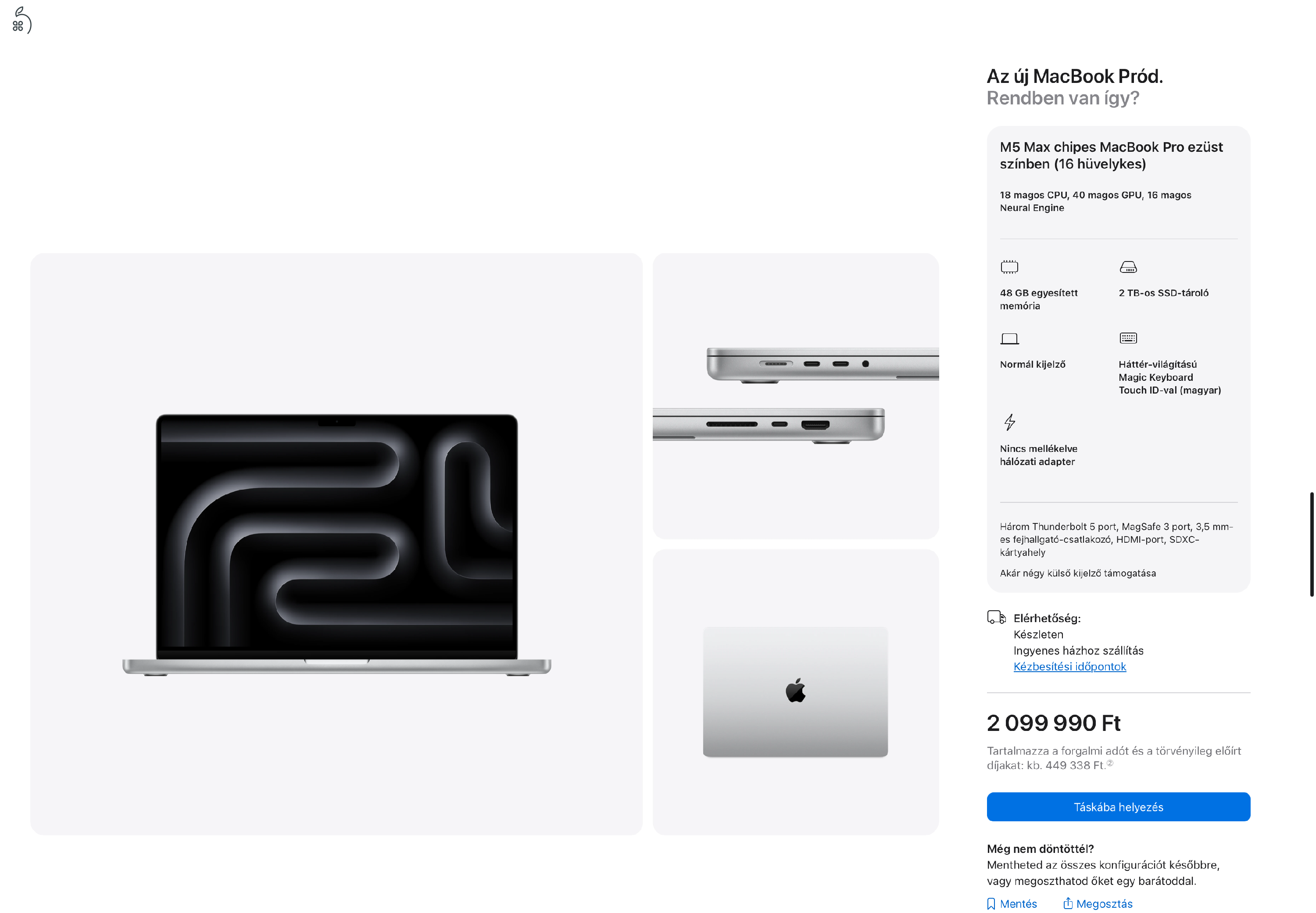 SZUPER AKCIÓ ÚJ Bontatlan Macbook Pro 16,2 M5 MAX 18CPU/40GPU 48GB/2TB SSD Magyar billent Azonnal átvehető.