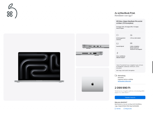 SZUPER AKCIÓ ÚJ Bontatlan Macbook Pro 16,2 M5 MAX 18CPU/40GPU 48GB/2TB SSD Magyar billent Azonnal átvehető.