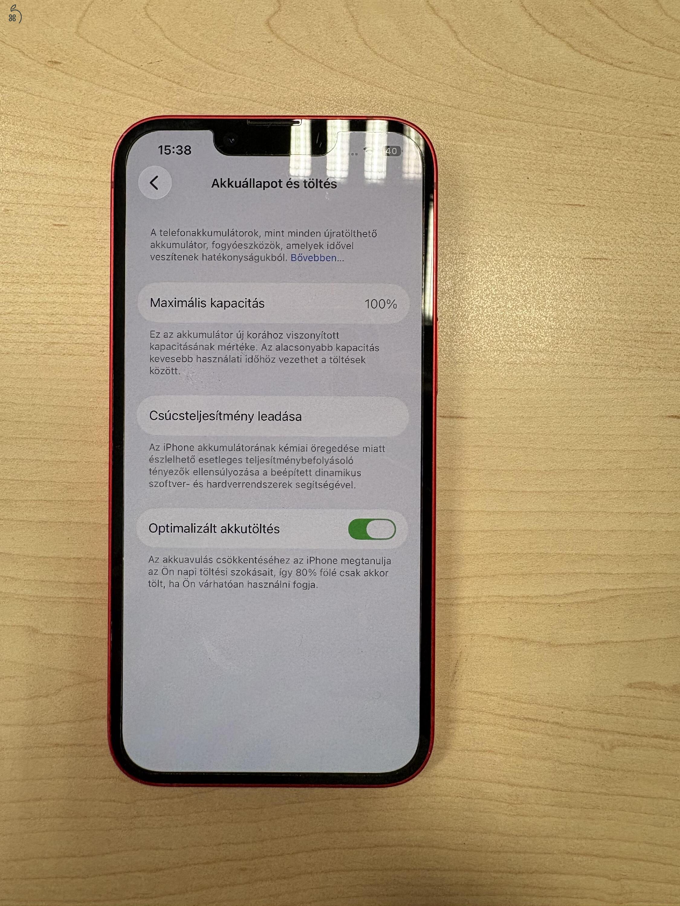 Iphone 14, 128GB, piros, 100%-os új gyári akkuval