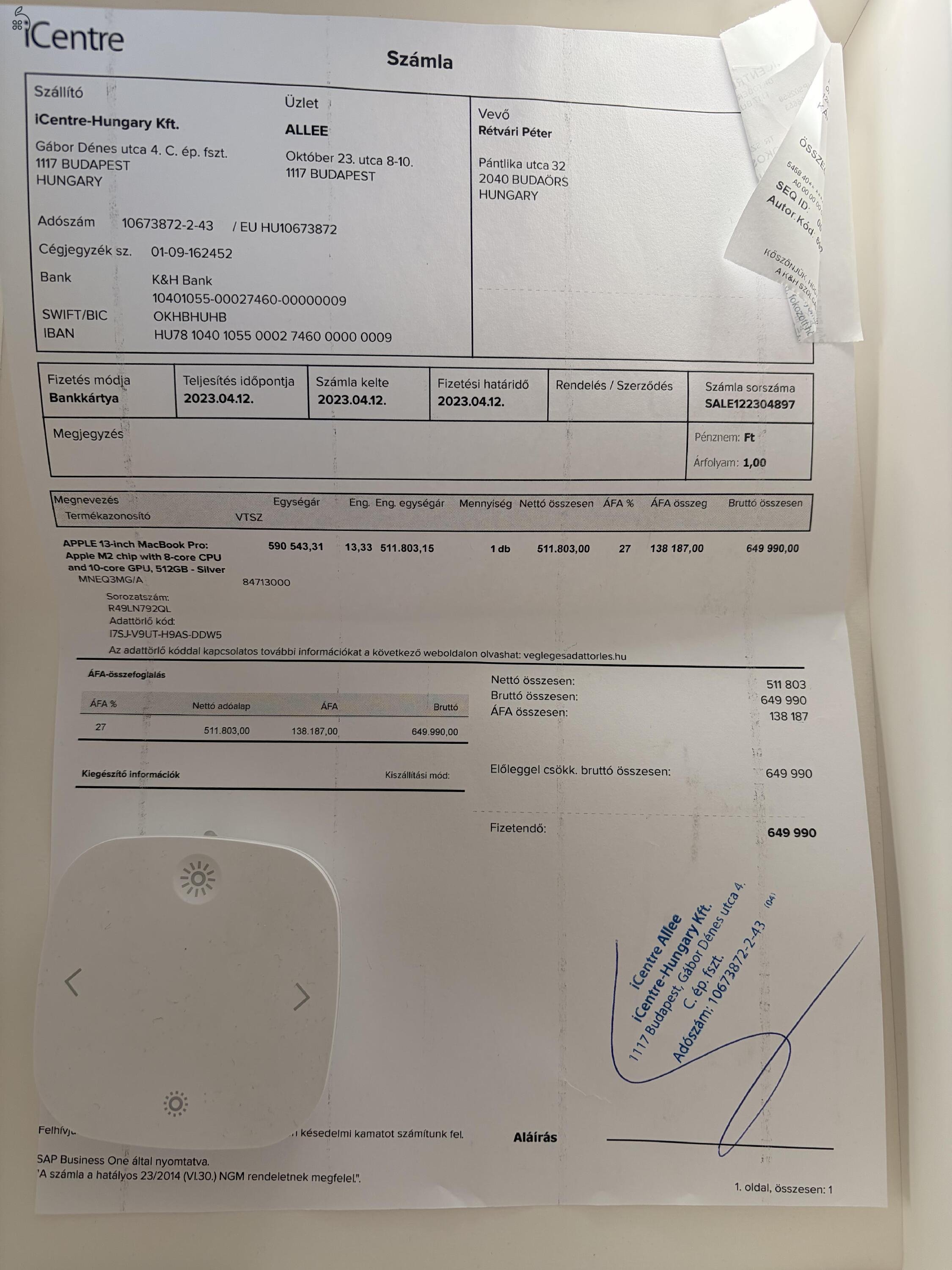 MacBook Pro M2 13” 8GB/512GB – GARANCIÁS 2026.04-ig, iCentre, Makulátlan, Dobozos