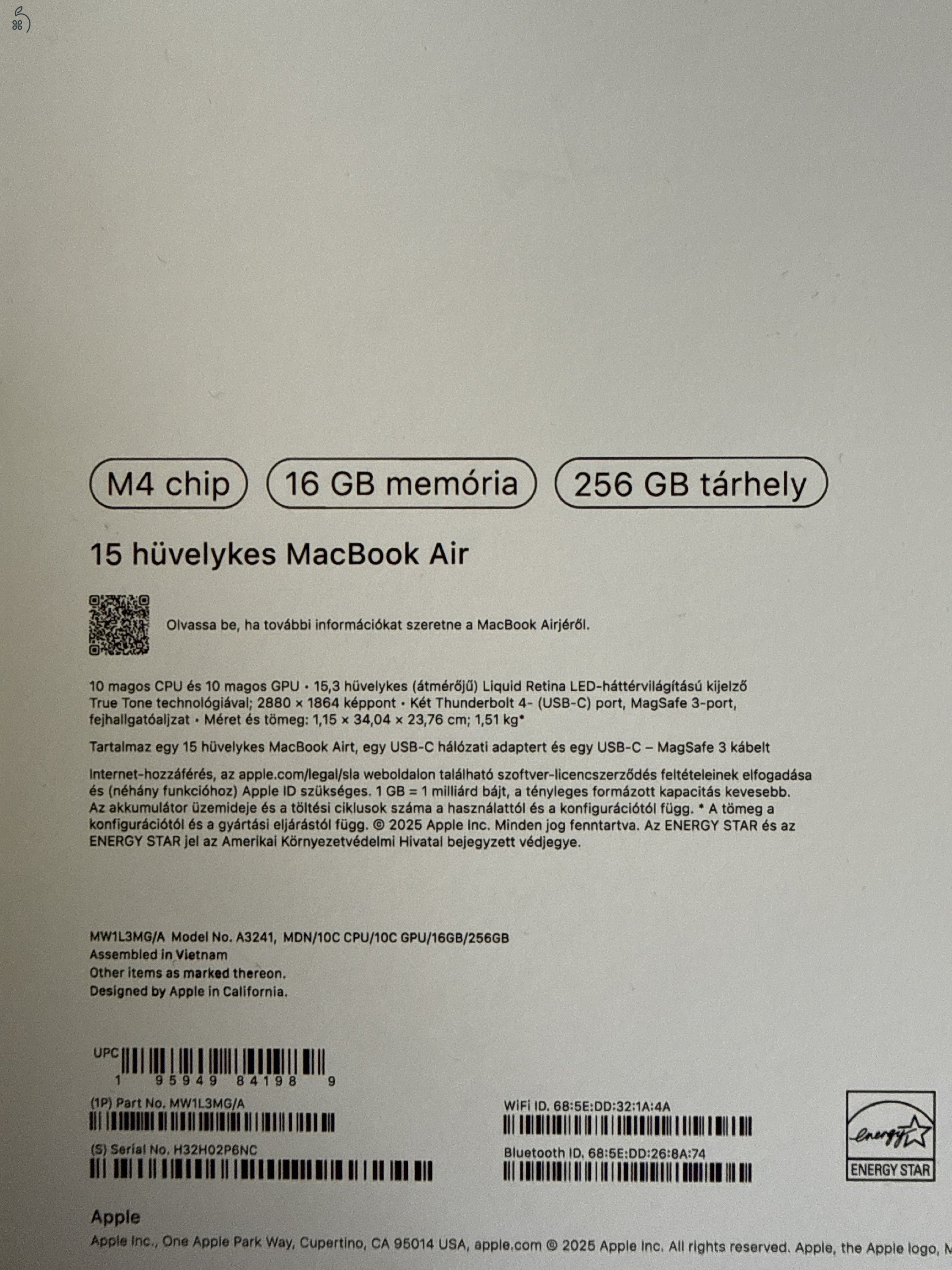 BONTATLAN/3év GARI éjfekete MacBook Air 15