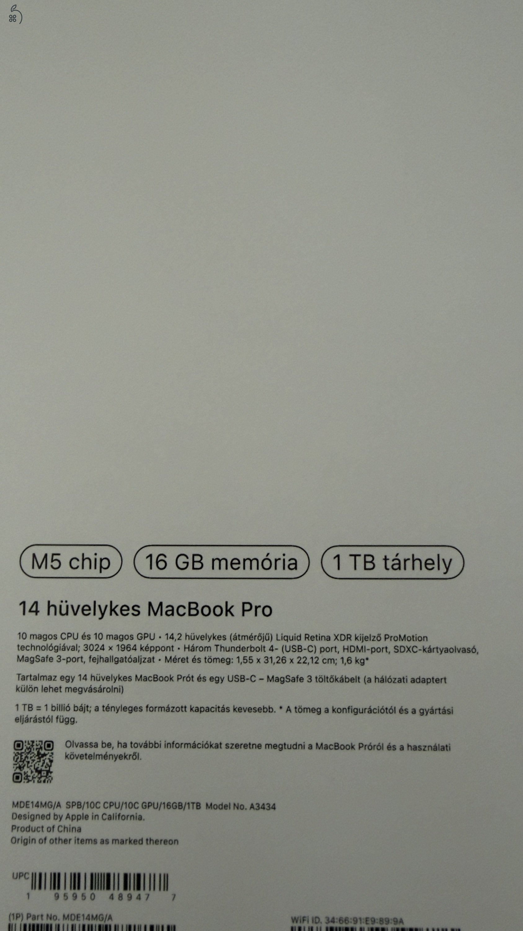 Új, bontatlan – 14 hüvelykes MacBook Pro M5 10CPU,10GPU,16GB RAM, 1 TB SSD – asztrofekete