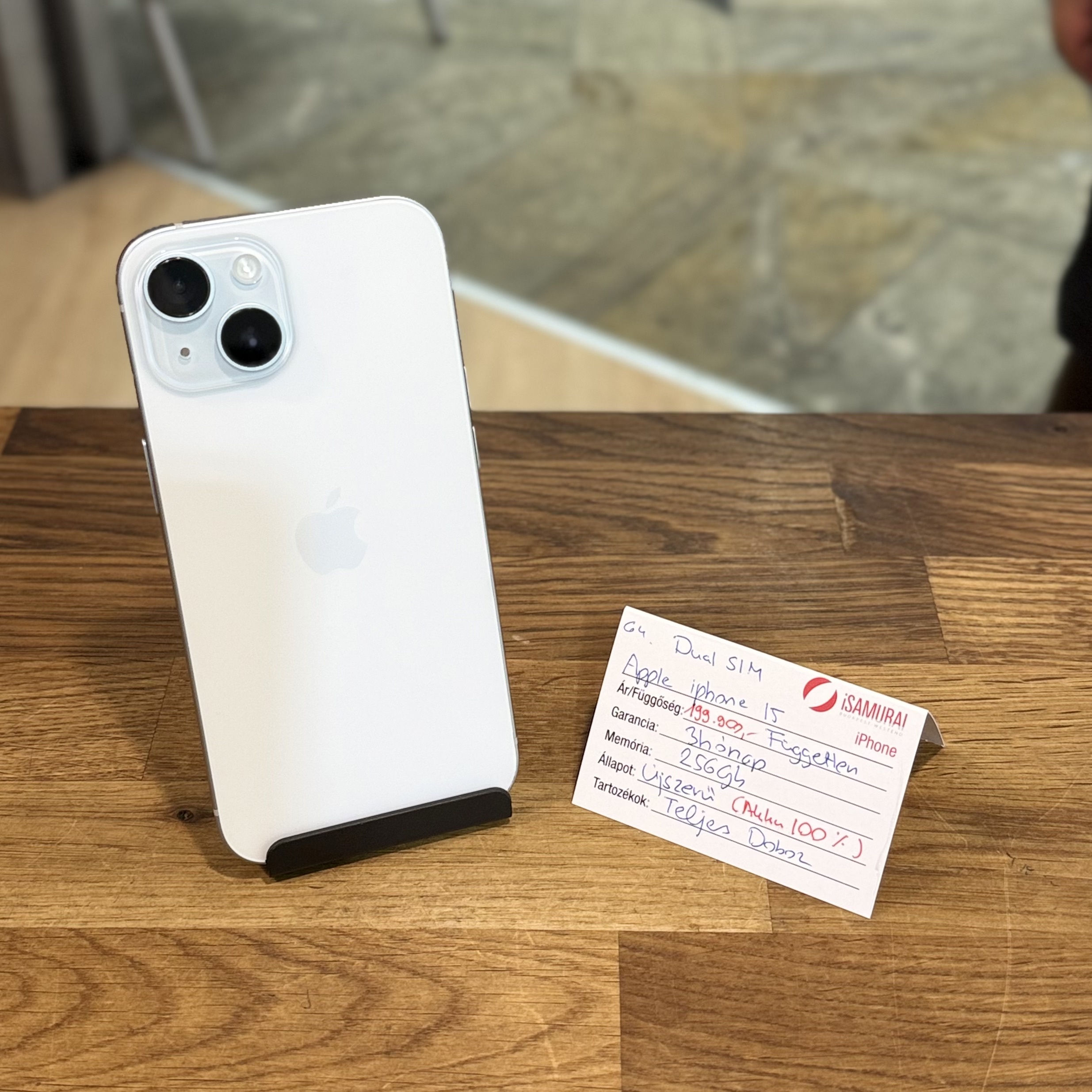 Apple iPhone 15 - 256 GB - Kék - Újszerű - Akku 100%  DUAL SIM(64.)