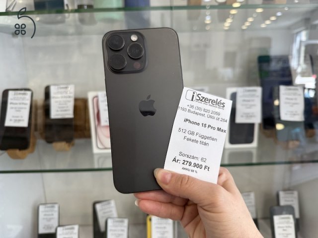 iPhone 15 Pro Max 512GB független fekete titán akku 88% (62) iSzerelés.hu