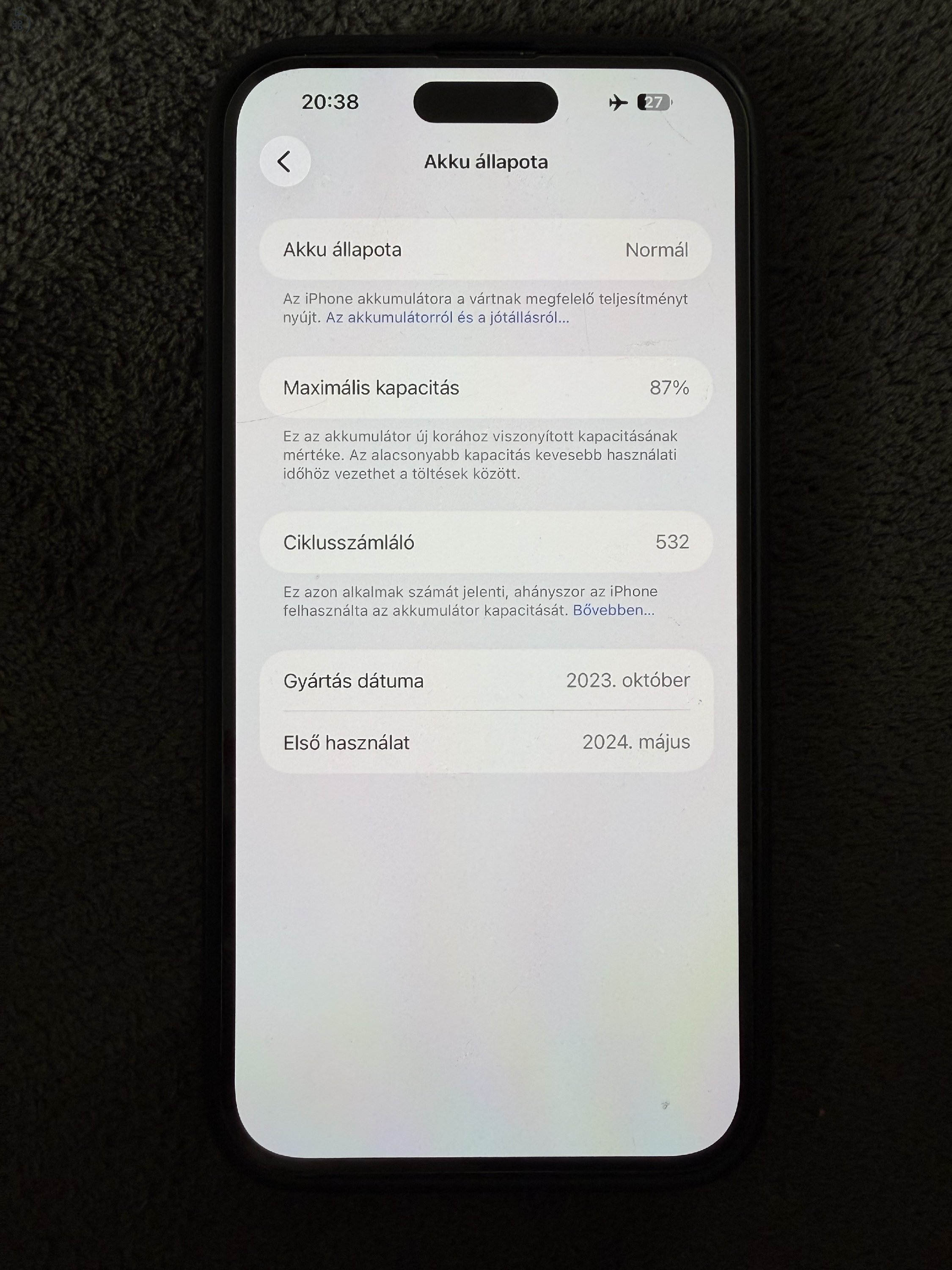 iPhone 15 Plus 256GB fekete – független – 87% akku – szép állapot