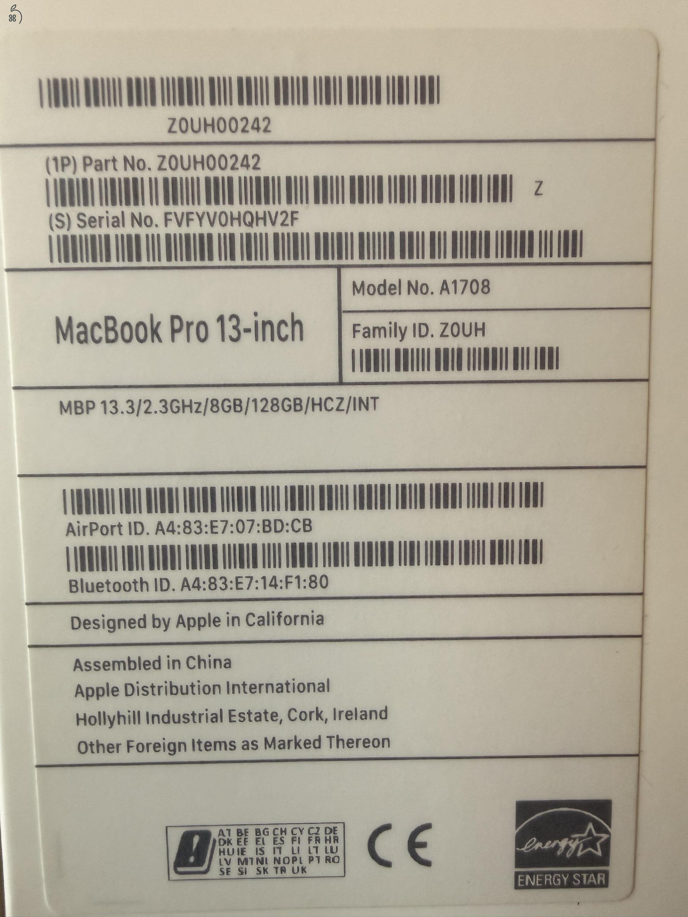 MacBook Pro 13-inch 2018 MBP13.3/2.3GHz/8GB/128GB/HCZ/INT szép állapotú, elhúzható kameravédővel