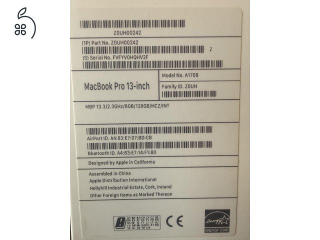 MacBook Pro 13-inch 2018 MBP13.3/2.3GHz/8GB/128GB/HCZ/INT szép állapotú, elhúzható kameravédővel