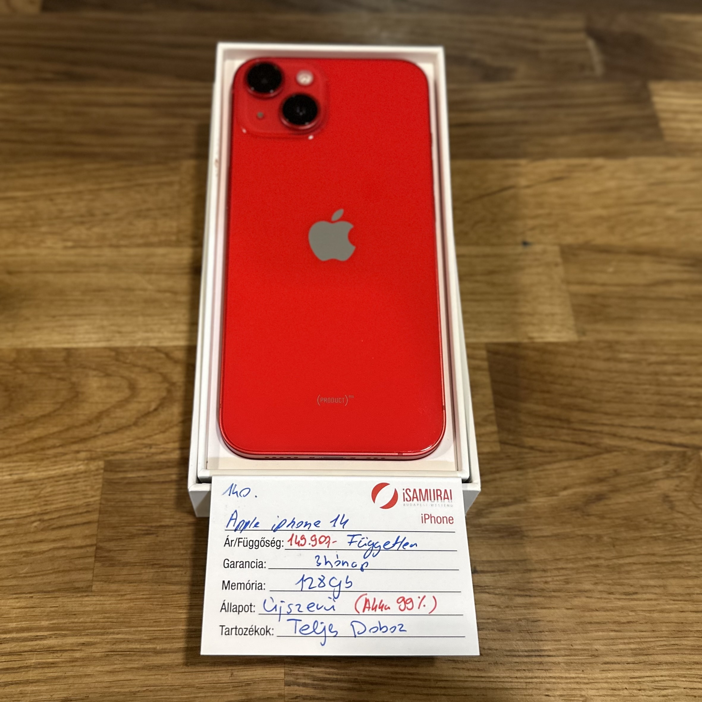 140. Apple iPhone 14 - 128GB - Piros - Újszerű - 99% akku