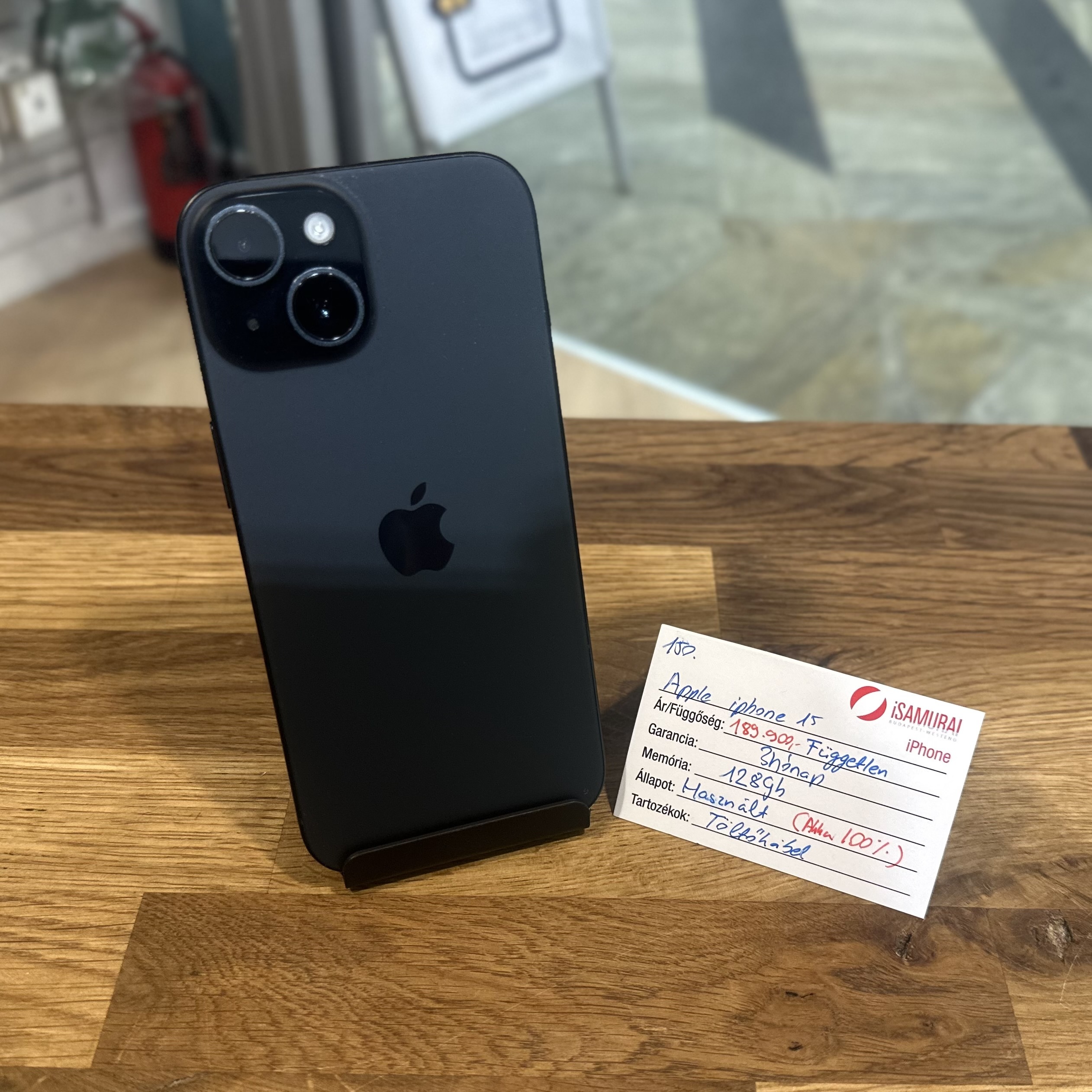 Apple iPhone 15 - 128GB - Fekete - Független - Akku 100% ( 150.)