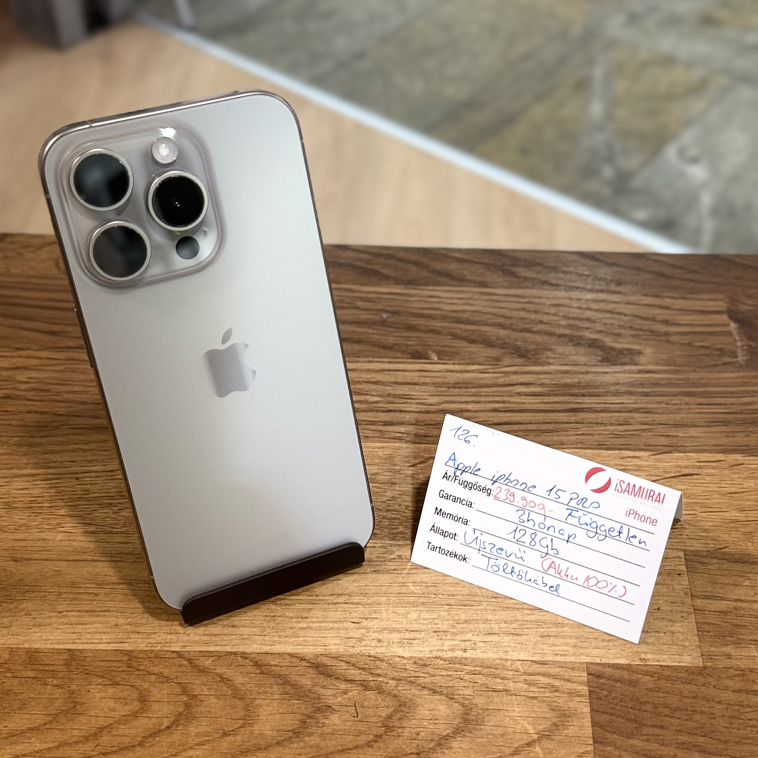 Apple iPhone 15 Pro - 128GB - Natúr Titán - 100% akku - újszerű ( 126.)