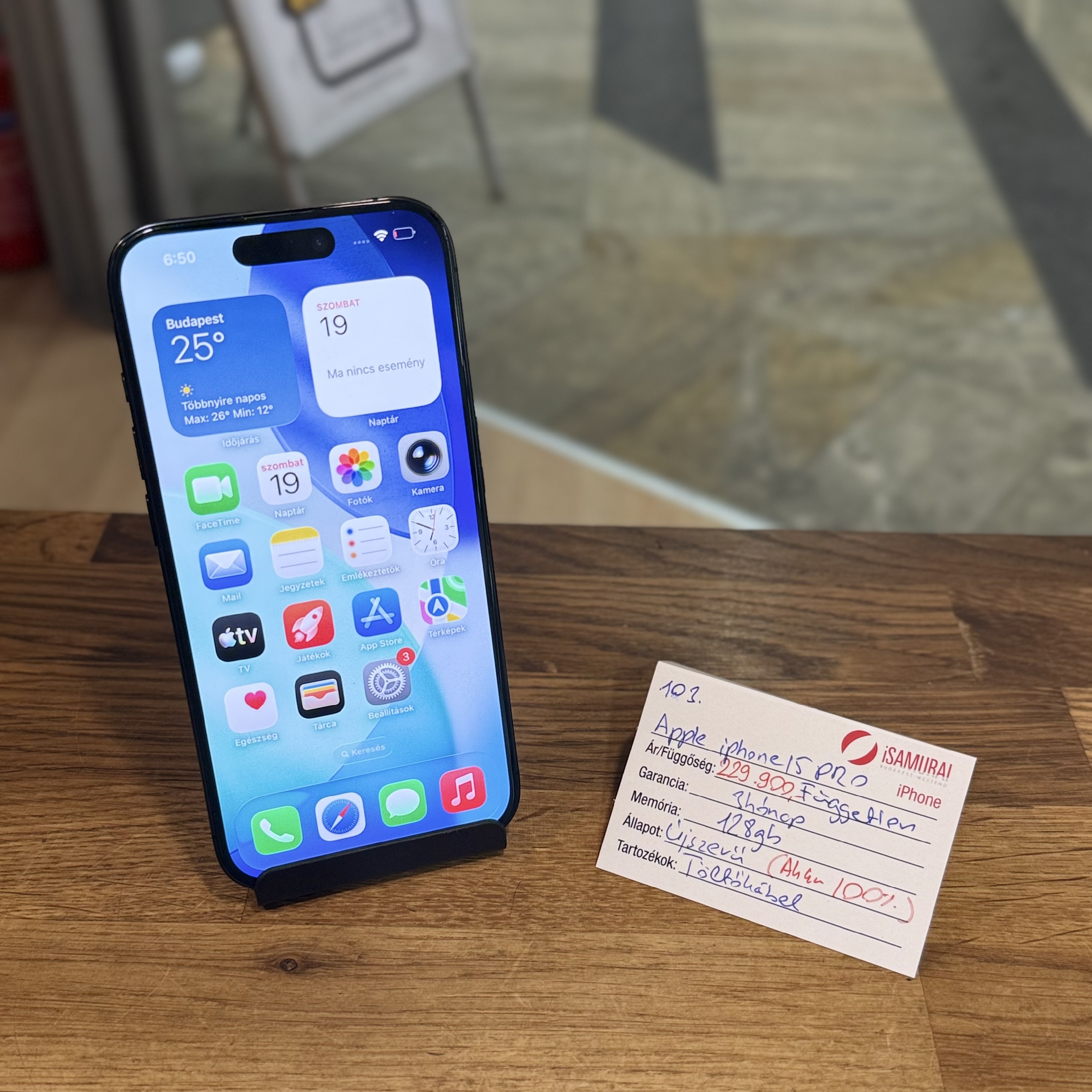 Apple iPhone 15 Pro - 128GB - Fekete Titán - 100% akku - újszerű ( 103.)