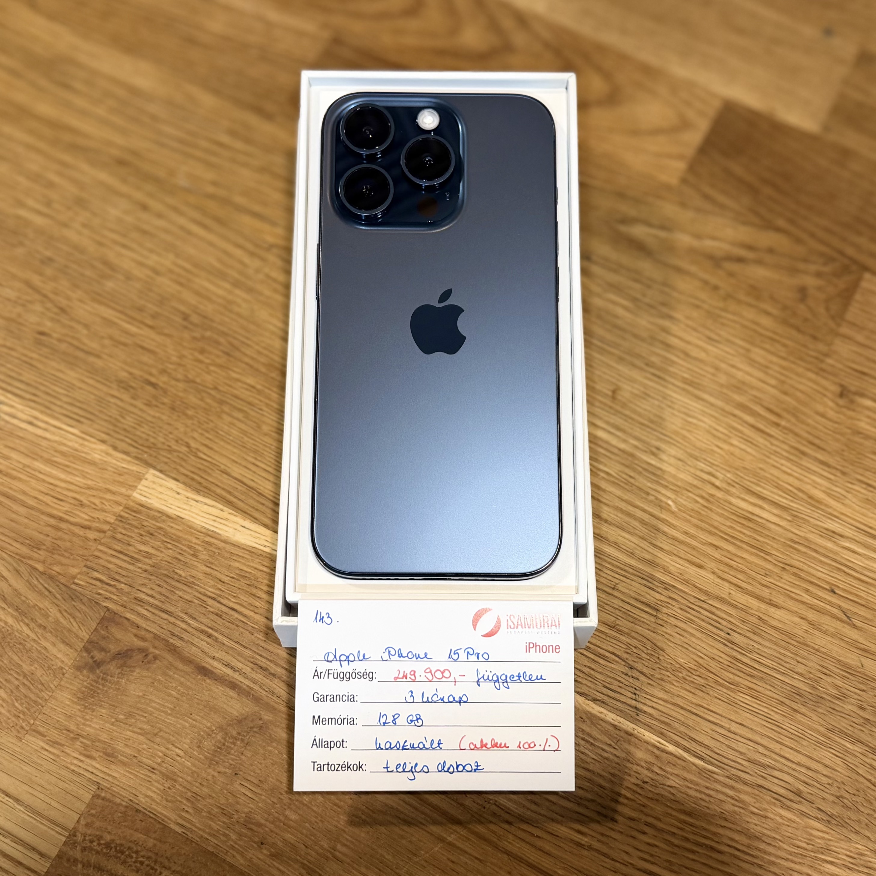 143. Apple iPhone 15 Pro - 128GB - Blue Titan - 100% akku
