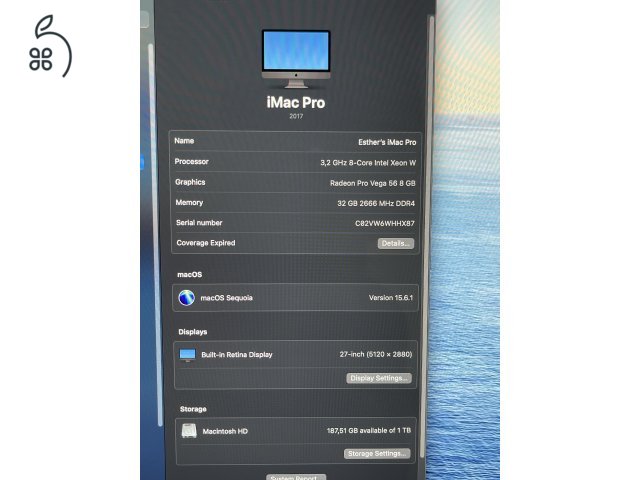 Apple iMac Pro 2017-es.  CPU: Intel Xeon 3.2Ghz ( 8 mag) RAM: 32GB SSD: 1TB/ Ati Radeon Vega 56 - 8GB