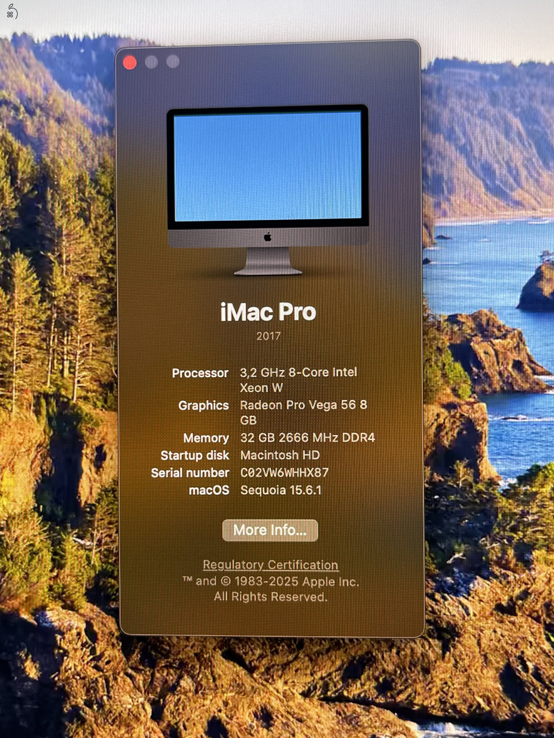 Apple iMac Pro 2017-es.  CPU: Intel Xeon 3.2Ghz ( 8 mag) RAM: 32GB SSD: 1TB/ Ati Radeon Vega 56 - 8GB