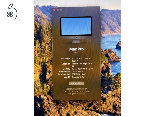 Apple iMac Pro 2017-es.  CPU: Intel Xeon 3.2Ghz ( 8 mag) RAM: 32GB SSD: 1TB/ Ati Radeon Vega 56 - 8GB