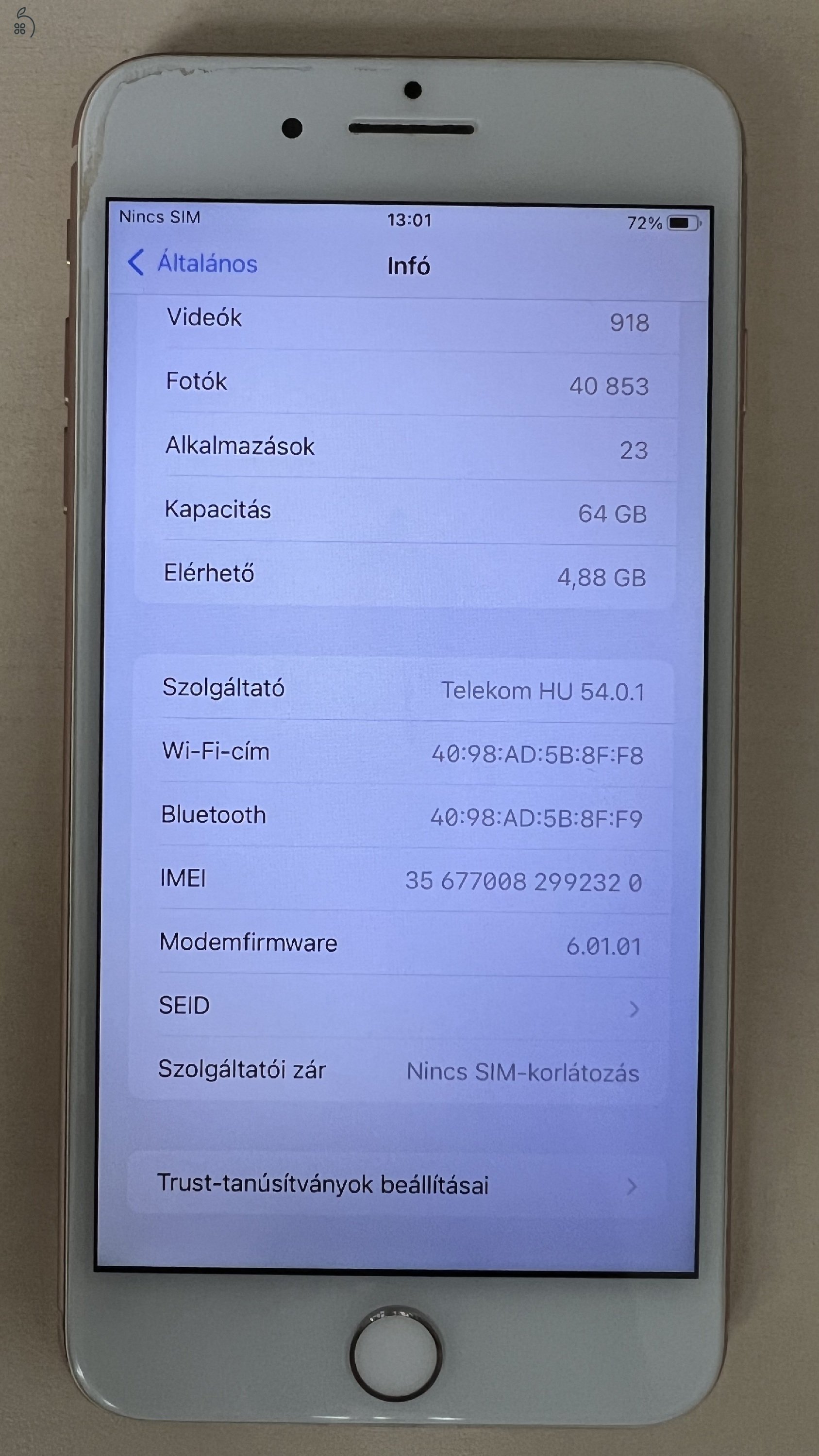 Iphone 8 plus 64 GB, rose gold, 75%, dobozos + kiegészítők