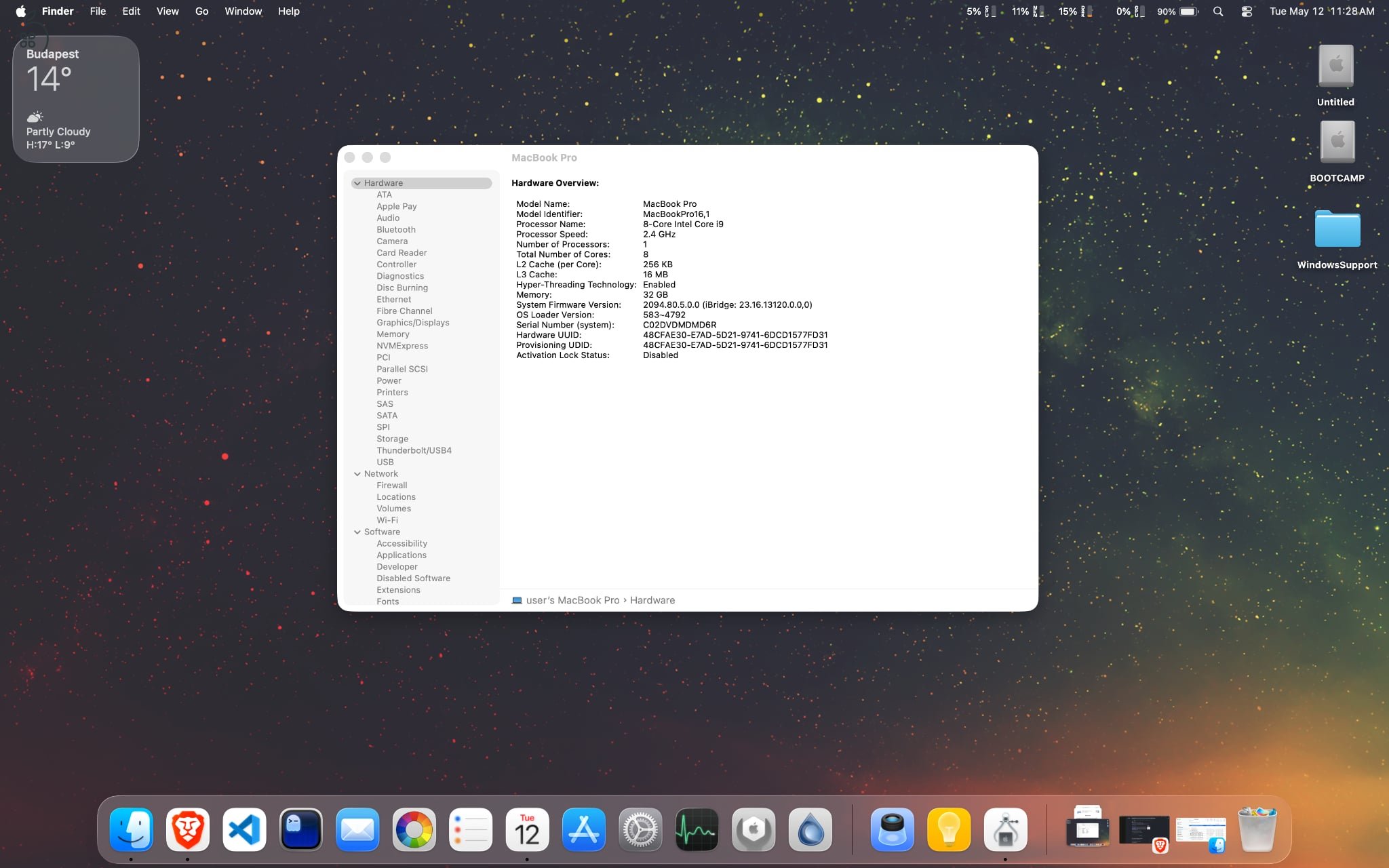  APPLE MACBOOK PRO A2141 i9-9980HK 2.40GHZ  512GB SSD 32GB