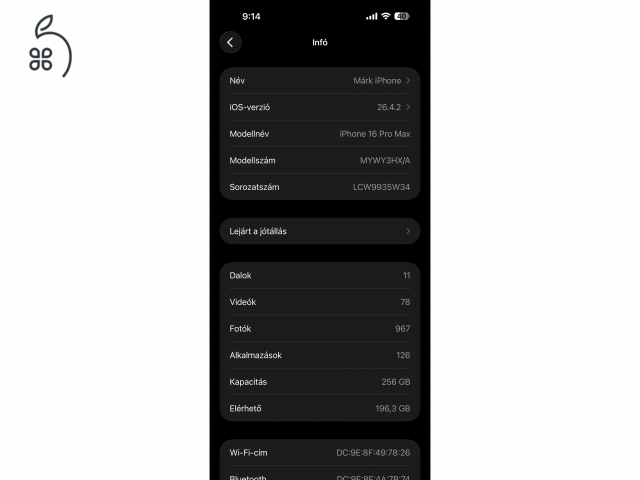 iPhone 16 Pro Max 256GB - 98% - Natúr Titán - 1Év Jótállás
