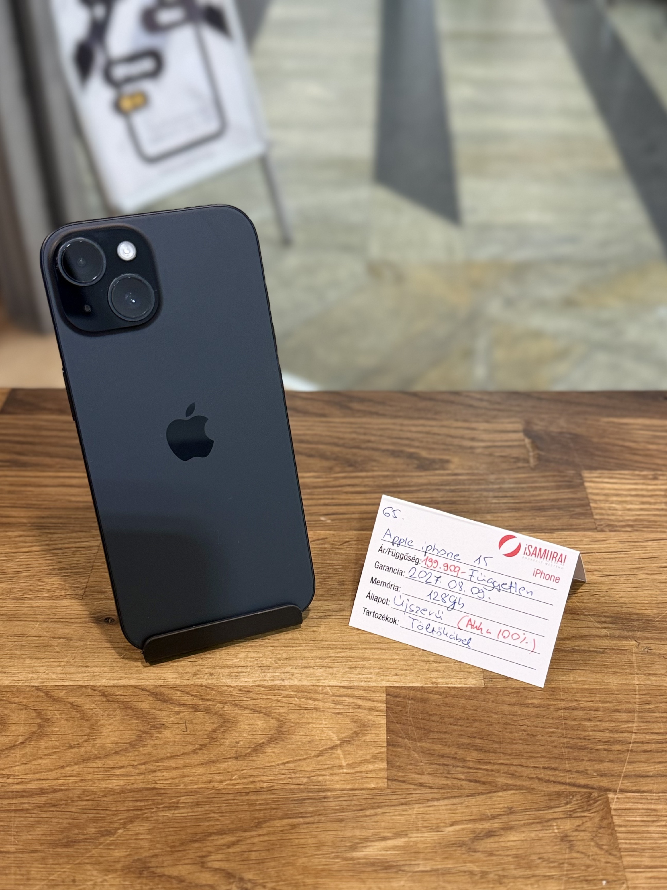 Apple iPhone 15 - 128GB - fekete - Újszerű - Akku 100%  2027.08.09. Apple gar.( 65.)