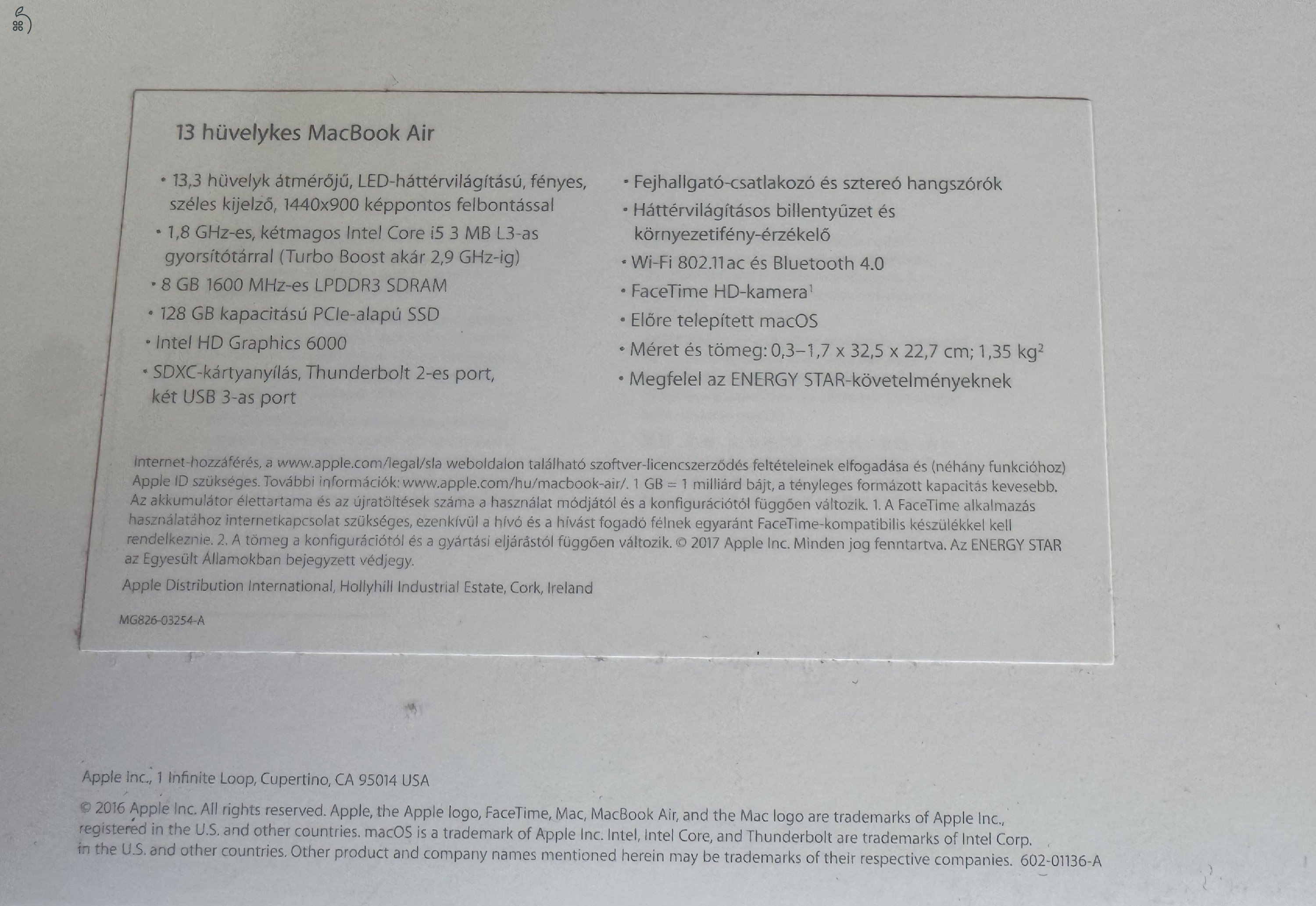 Macbook Air 2017 (8Gb RAM/118 Gb SSD) 3éves akksival