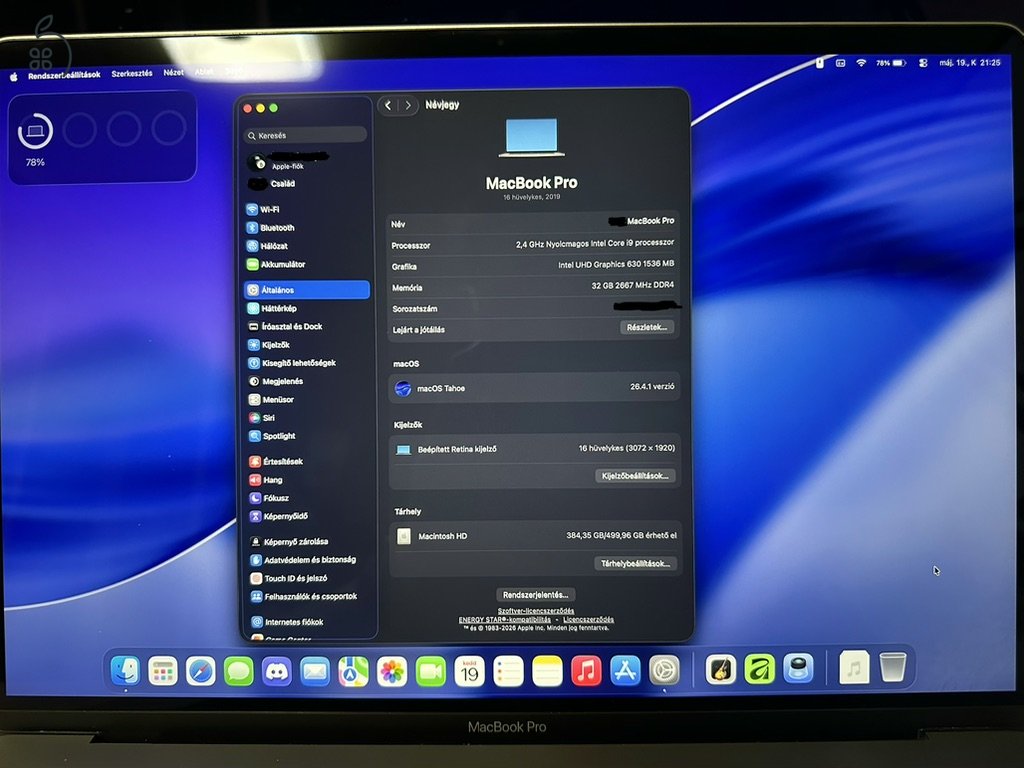 MacBook Pro 16” 2019 i9 / 32GB RAM / 512GB SSD / 85% akku / doboz