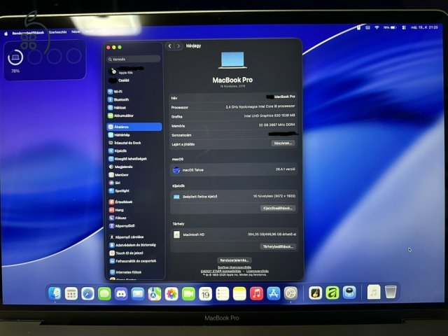 MacBook Pro 16” 2019 i9 / 32GB RAM / 512GB SSD / 85% akku / doboz