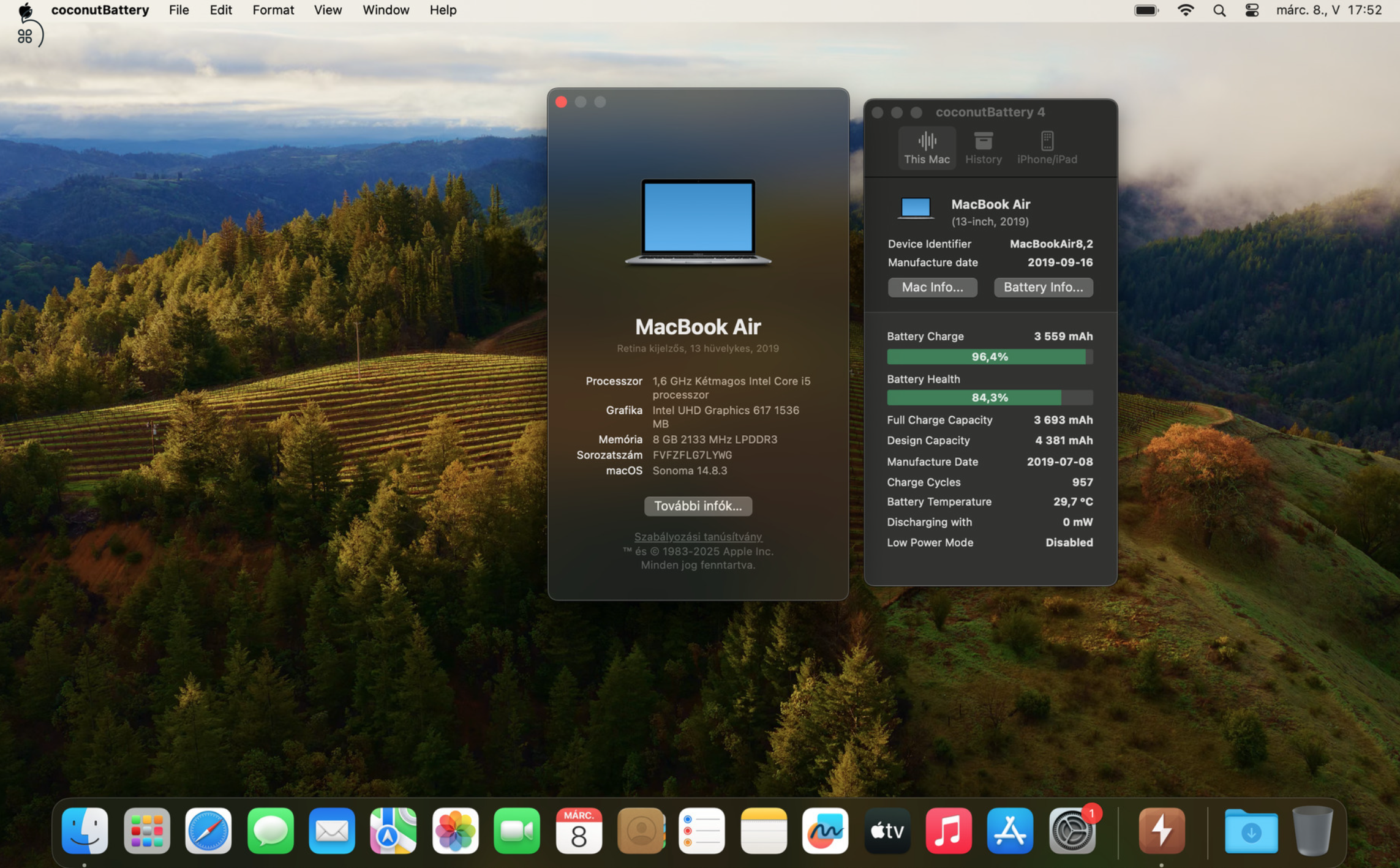 2019 Retina MacBook Air 13 / i5 1.6GHz / 8GB / 128GB SSD / Magyar / Space Gray / 84% Aksival