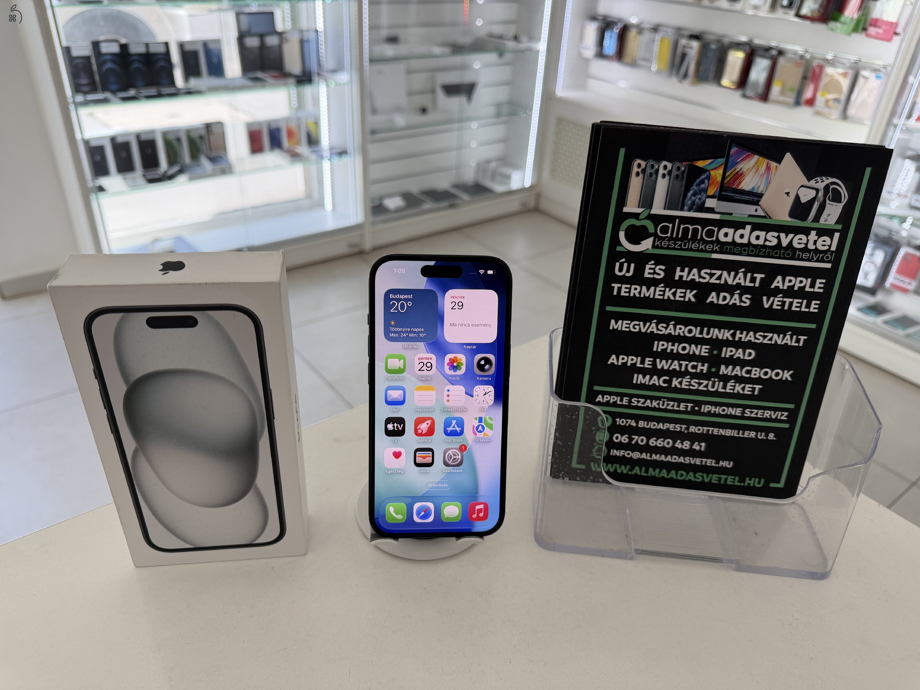 iPhone 15 128GB Használt Független/2029.03.16.Gar./Akku 100%/p4903