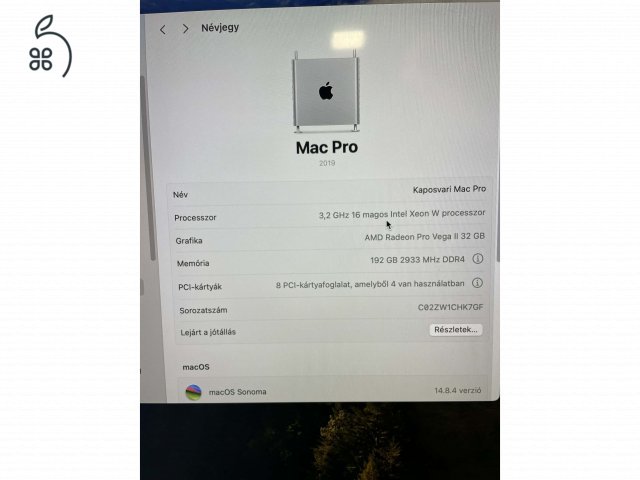 Apple Mac Pro 2019 (16-Core, 192GB RAM, 8TB gyári SSD, Vega II 32GB)