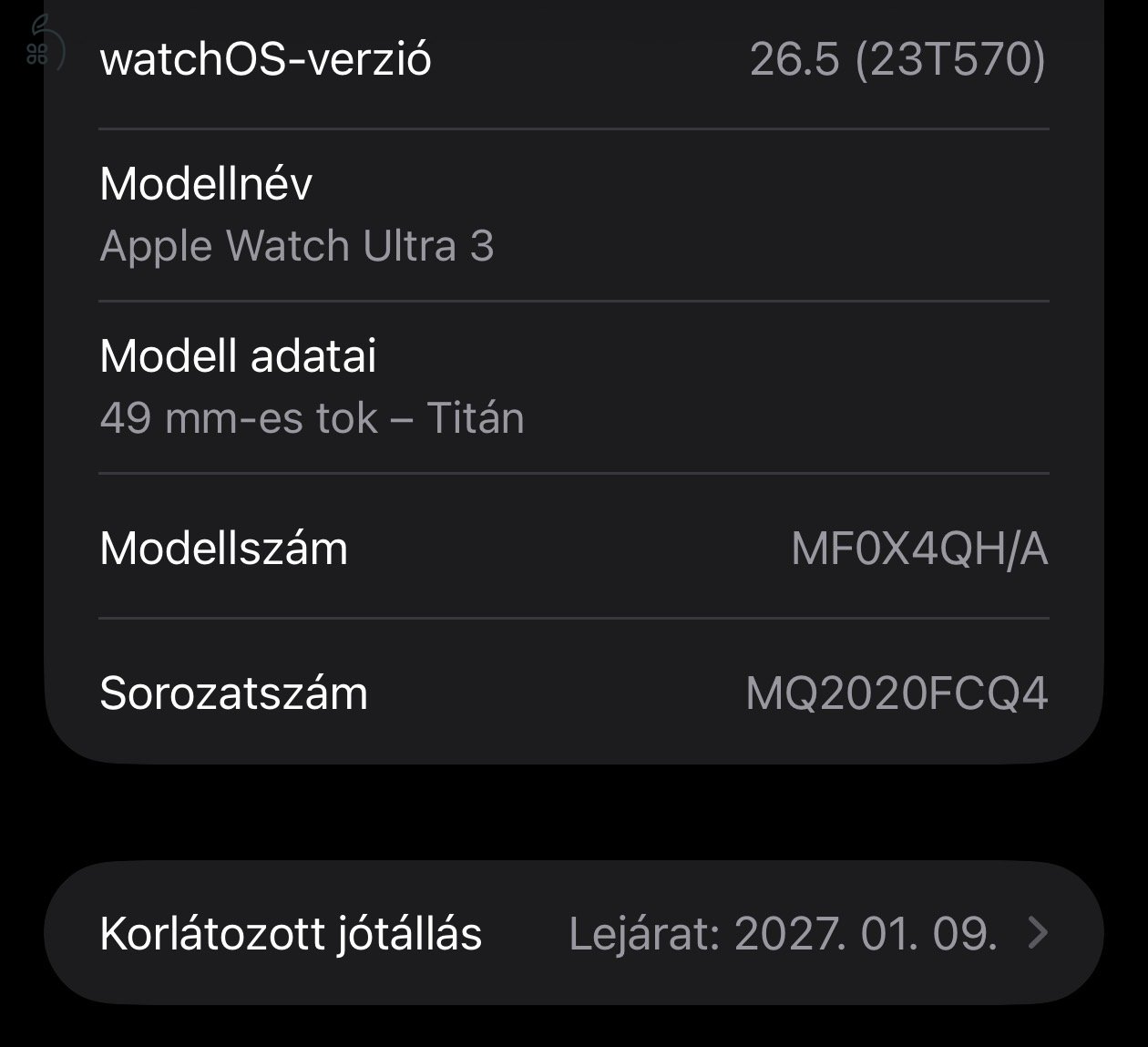 Újszerű Apple Watch Ultra 3, 49 mm, fekete, 100% akku