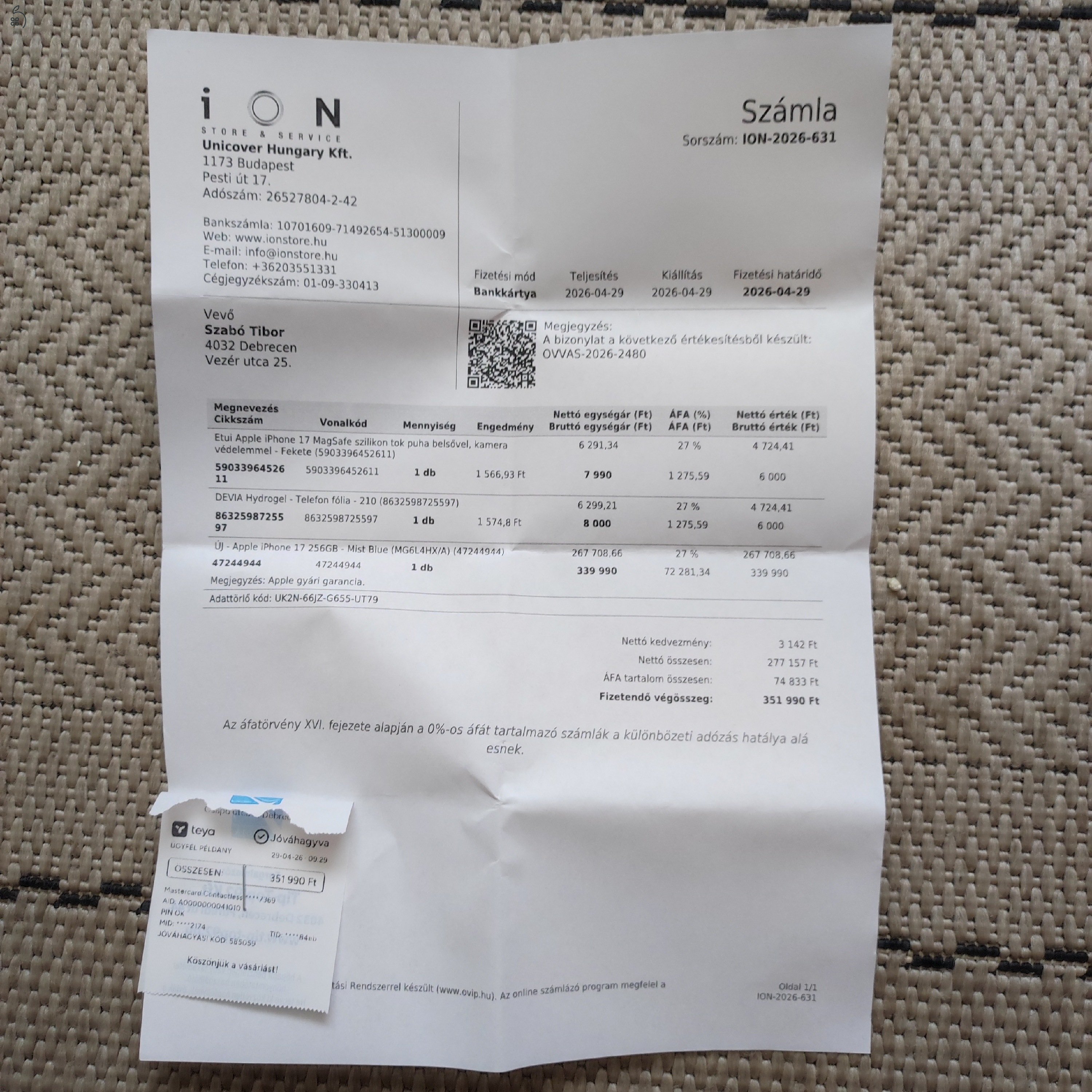 Iphone 17 256gb 100%akku,garanciás,hibátlan kp-s vásárlás.Valamint AirPods 4 aktív zajszűrős füles.