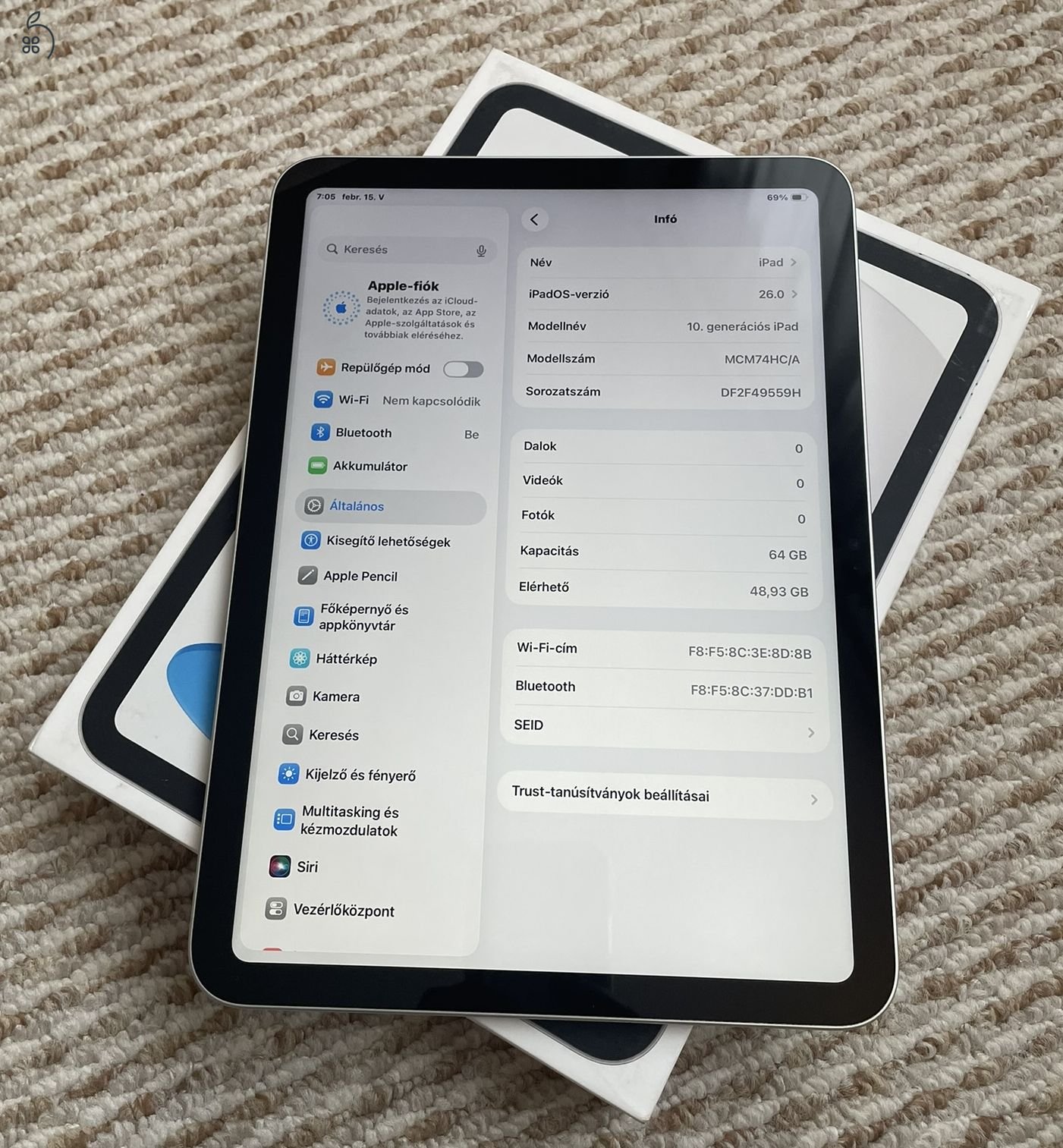 Ipad 10 - Új állapotú - Silver - 64 GB - karcmentes - AKKU 100% 