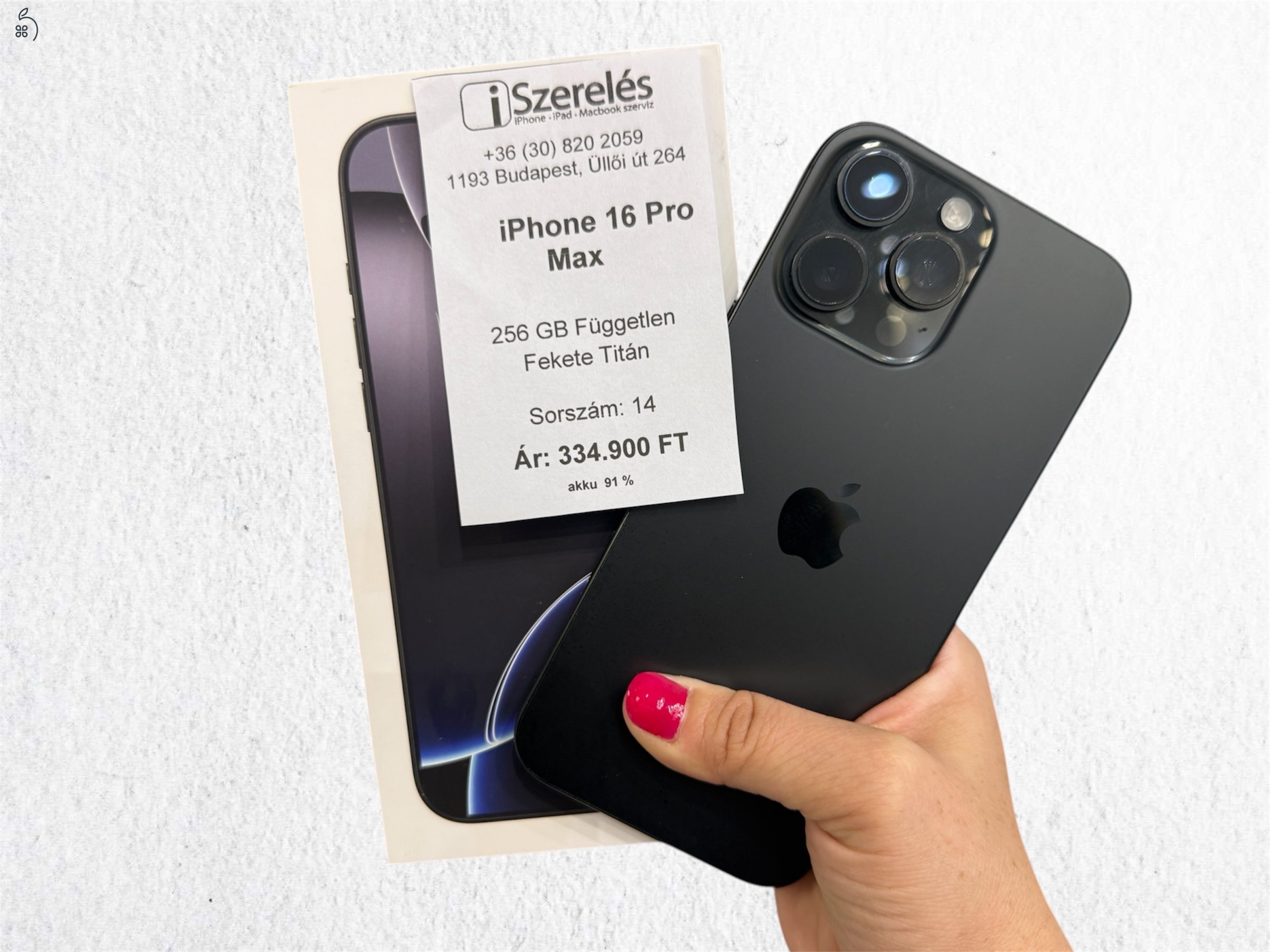 iPhone 16 Pro Max 256GB független fekete titán akku 91% (14) iSzerelés.hu