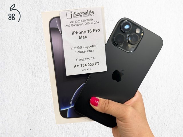 iPhone 16 Pro Max 256GB független fekete titán akku 91% (14) iSzerelés.hu